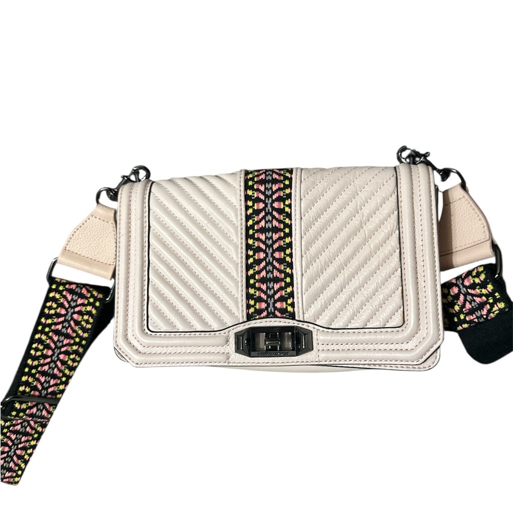 Rebecca Minkoff blush pink crossbody with adjustable guitar strap gunmetal